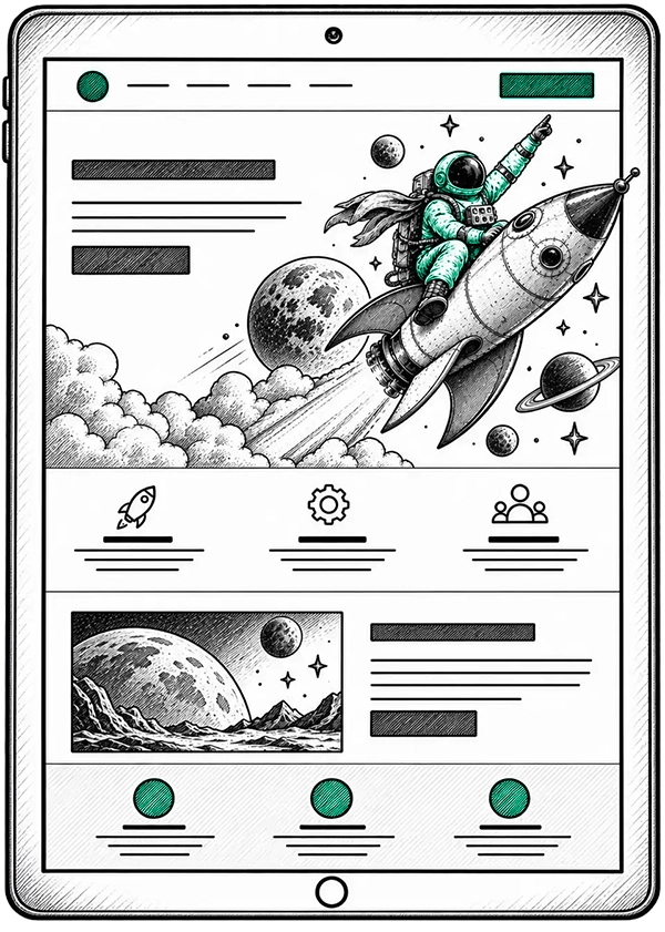 sketch graphic of tablet showing a website page with astronaut riding a rocket