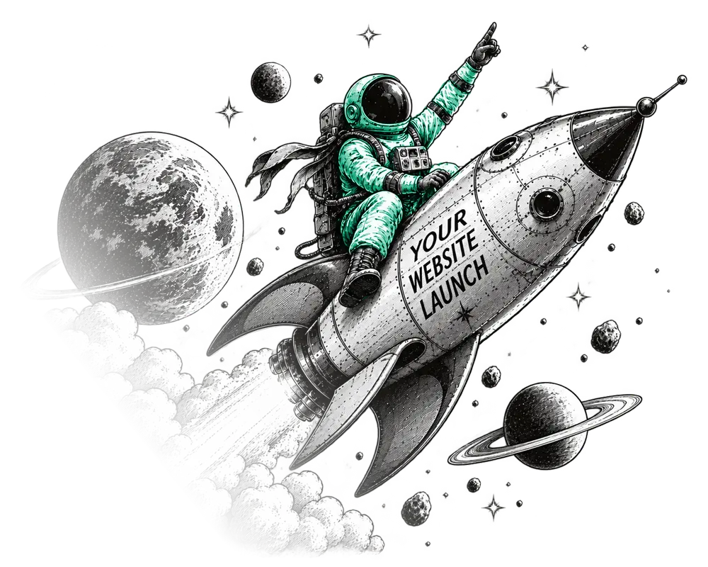 astronaut riding a rocket in space. rocket with words YOUR WEBSITE LAUNCH on the side